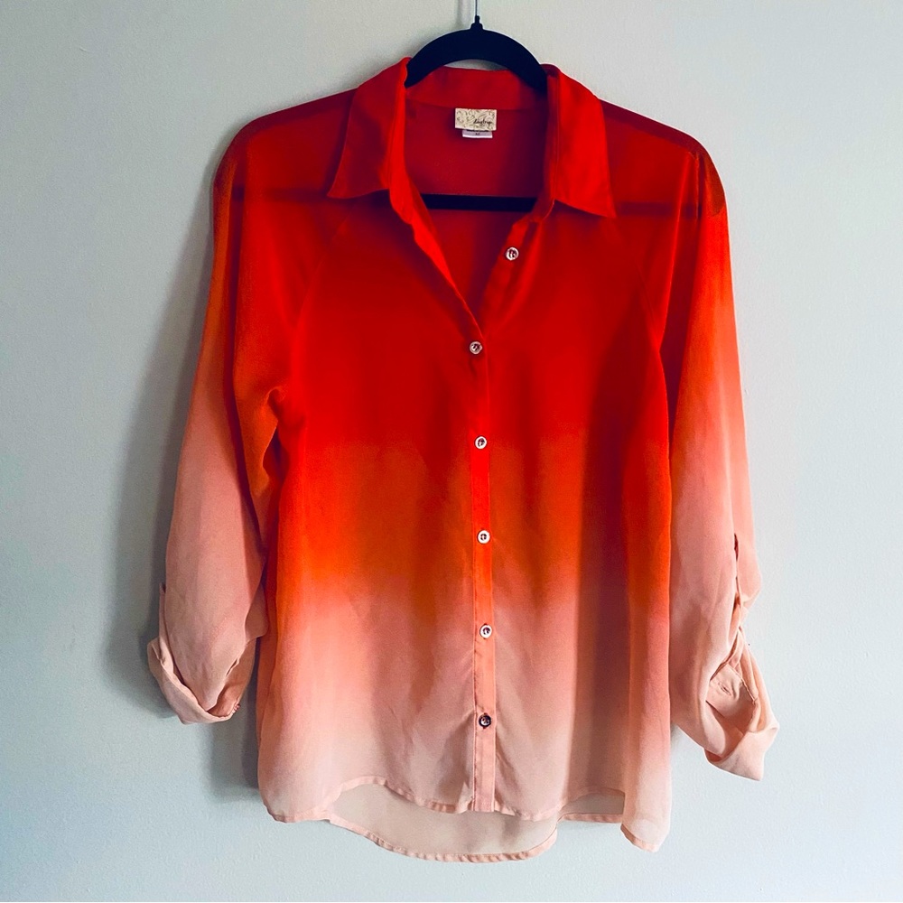 Daytrip Women's Red and Orange Ombre Long Sleeve Shirt Button Up Top Size Medium